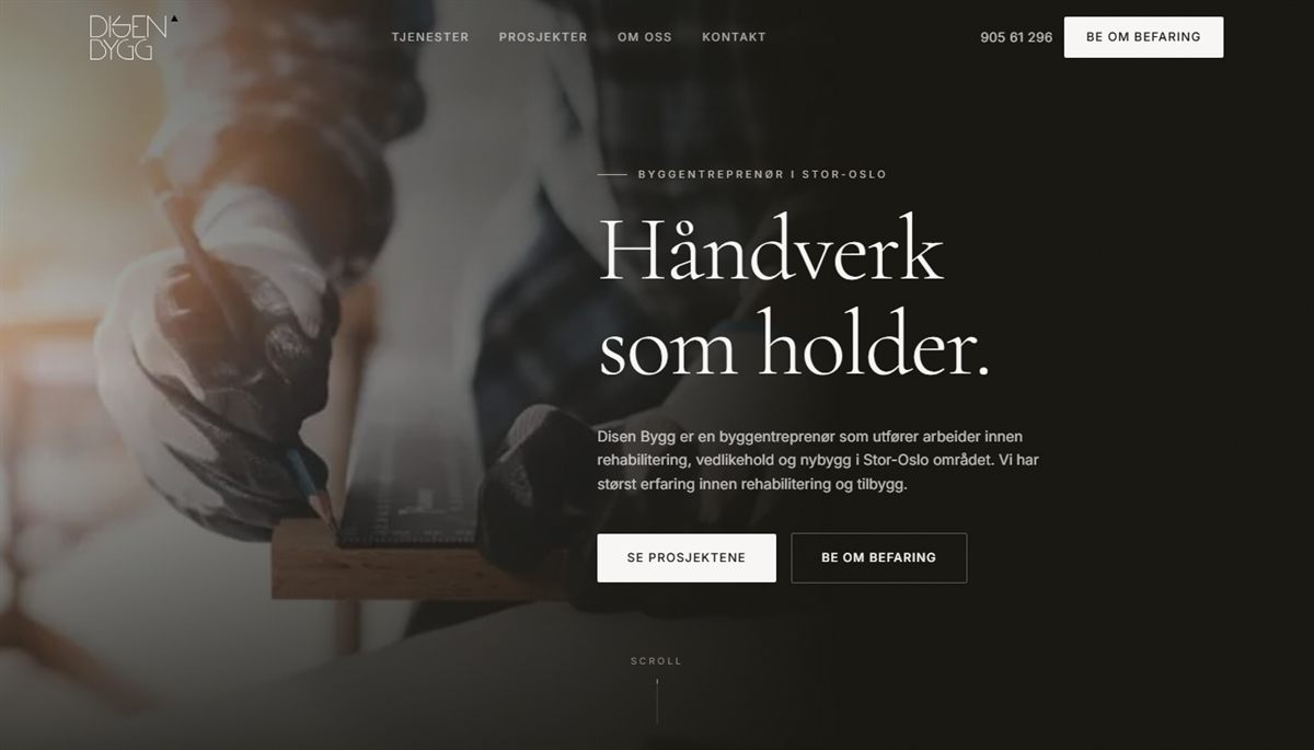 Skjermbilde av forsiden til disenbygg.no, med overskriften «Håndverk som holder.»