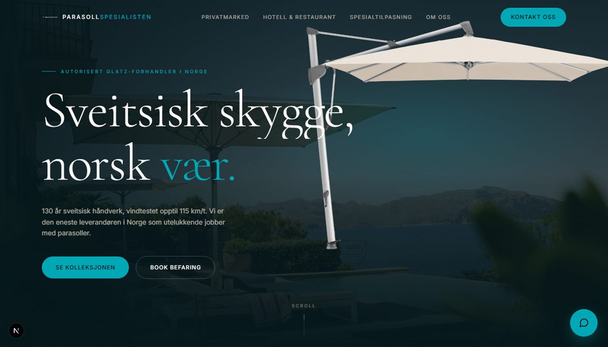 Skjermbilde av forsiden til parasollspesialisten.no, med overskriften «Sveitsisk skygge, norsk vær.»